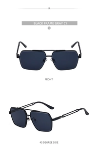 Front and 45-degree side views of classic black rectangle sunglasses with gray lenses