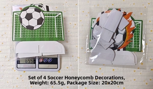 Detail of 4-pack soccer party centerpieces on scale showing weight and product dimensions