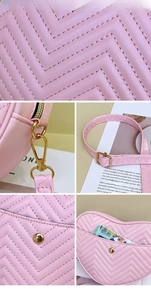 Close-up of pink heart-shaped bag showing V-quilted texture and gold metal hardware