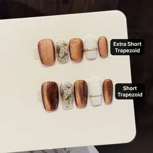 Handmade Press On Nails Cat Eye Brown Gold Star Sequin Coffin Fake Nails Luxury Sweet Style For Women