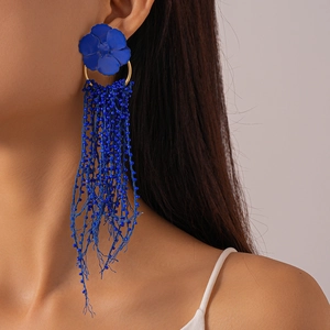 Klein blue flower tassel earrings with glass beads in a bohemian exaggerated style