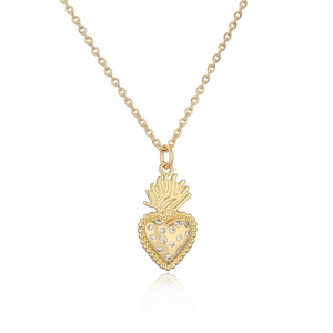 Gold-plated heart pendant necklace featuring sparkling zircons and sacred flame design