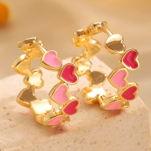 Goldene Herz-Ohrringe mit bunten rosa und roten Emaille-Tropfen für Frauen