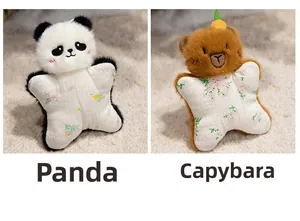 Detail of star-shaped panda and capybara plush finger puppets with floral fabric