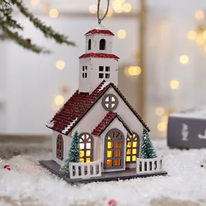 Luminous Nordic wooden Christmas church house ornament with warm LED lights and red roof