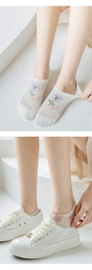 Détail de chaussettes invisibles en résille blanche avec motif de fleurs mauves