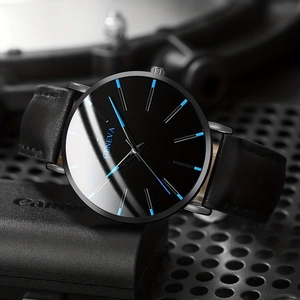 Minimalist men's business quartz watch with black leather strap and blue markers
