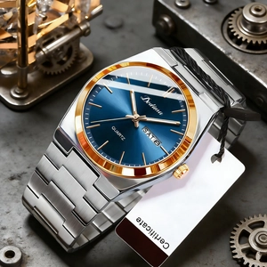 Macro detail of Dedima men's watch featuring a blue sunray dial and dual calendar display