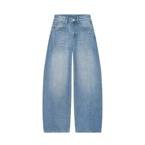Jeans Mit Hoher Taille Und Weitem Bein Baumwolle Denim Balloon Style Hellblau Gewaschen Amerikanisch Vintage Retro Damen
