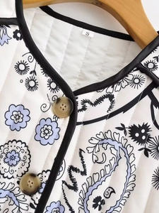 Detailed macro view of paisley floral quilting and vintage buttons on size S jacket