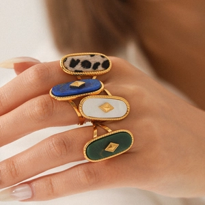 18K gold stainless steel open ring with natural stone and mother of pearl inlay