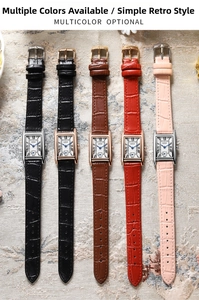 Flat lay of retro rectangle quartz watches with embossed leather straps in five colors
