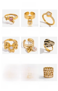 Collection de bagues en acier inoxydable plaqué or 18K avec cœurs et perles