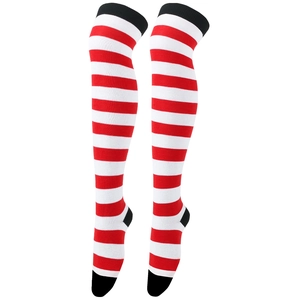 Red and white striped over-knee socks with black trim, professional studio product shot