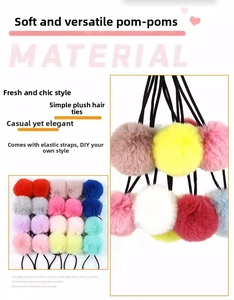 Macro detail of multi-colored plush pompom hair ties with high elastic black bands