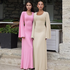 Abito Maxi In Maglia A Costine Schiena Scoperta Con Lacci Manica Lunga A Campana Vestibilità Aderente Tinta Unita Elegante Per Donna