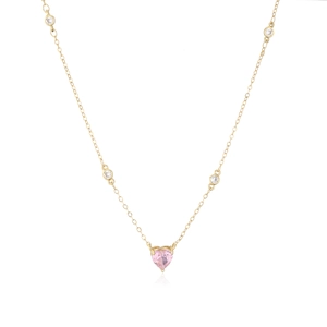 Elegant gold chain necklace featuring a pink heart-shaped zircon and white gemstones