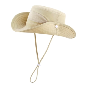 Close-up of khaki sun hat featuring breathable mesh side panels and adjustable chin strap