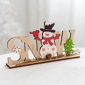 Décoration de Noël SNOW en bois pour table avec bonhomme de neige et sapins