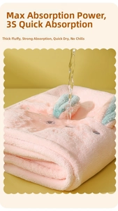 Detail showing high absorption capacity of thick pink coral fleece hair drying towel cap