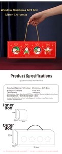 Detail of red Christmas gift box with gold stamping, window cutouts and dimensions