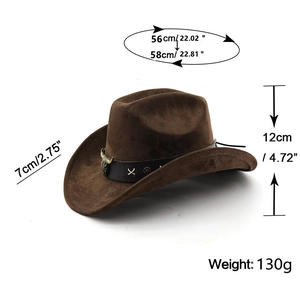 Detailed size specifications for brown suede western cowboy hat with bull head emblem