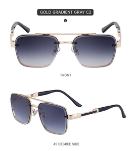 Close-up of gold metal square frame sunglasses with gradient gray lenses from two angles