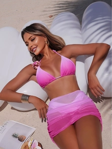 Ensemble Bikini Sexy Dégradé pour Femmes Avec Jupe Sarong en Maille Plissée Décoration Fleurs 3D Maillot de Bain Plage Top And Bottom