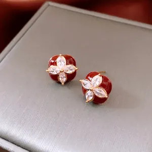 Elegant 18k gold plated deep red flower stud earrings with marquise zircon center