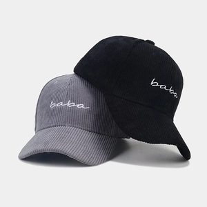 Winter corduroy baseball caps with baba embroidery in black and dark grey colors