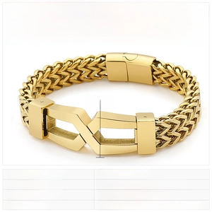 Detailed view of heavy gold-tone stainless steel curb chain bracelet for men with measurements