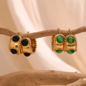 Retro 18K gold plated stainless steel earrings with black and green natural stones