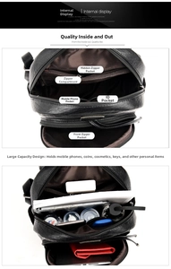 Detail showing organized interior compartments and pockets of a black leather backpack