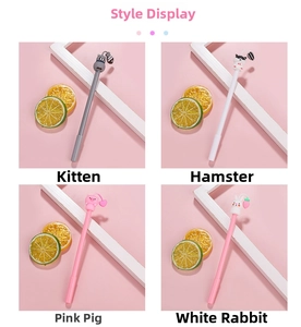 Detailed set of 4 cute cartoon animal gel pens with 3D silicone cat, hamster, pig and rabbit tops
