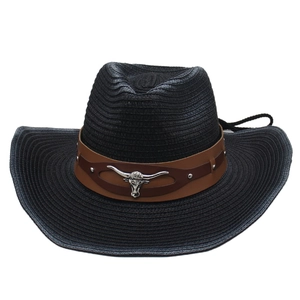Classic black straw cowboy hat with bull head ornament and adjustable chin strap
