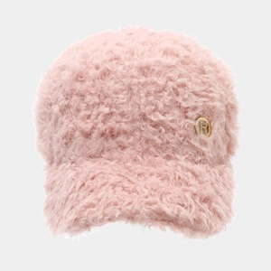 Damen-Baseballkappe aus rosa Plüsch-Kunstfell mit dekorativem goldenem H-Metallemblem