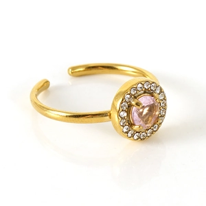 Adjustable 18k gold plated ring with pink round stone and halo of white diamonds