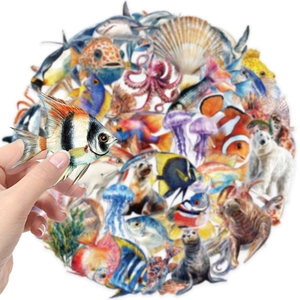 Macro shot showing transparent waterproof PET stickers with colorful sea creature designs