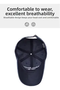 Detail of blue washed cotton baseball cap interior with sweatband and cotton label