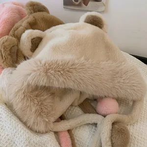 Cute faux fur bear ear bucket hat for women in beige color with plush winter thermal lining