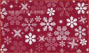 Close-up of red Christmas rug featuring white snowflake patterns and reinforced stitching