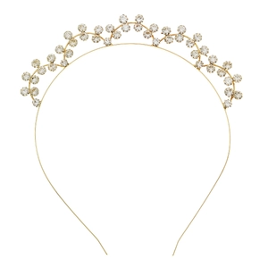 Elegant gold metal headband with sparkling clear rhinestones on a clean white background