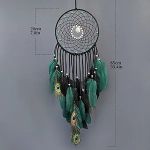 Peacock feather dream catcher with tree of life charm and luminous beads, 85cm length