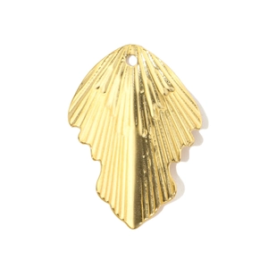 Detailed view of golden hammered steel fan-shaped pendant with radial texture for DIY jewelry