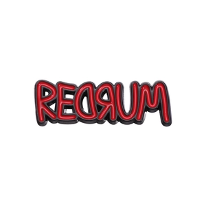 Creative enamel pin featuring red REDRUM lettering inspired by horror film The Shining