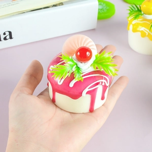 Detailed view of mini PU squishy cupcake with red cherry and pink glaze topping