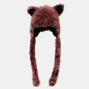 Detailed view of plush leopard print faux fur hat featuring cute black cat ears