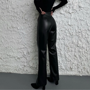 High-waisted black PU leather straight-leg pants with chic side slits for women
