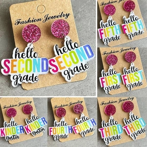 Back To School Acrylic Dangle Earrings With Pink Glitter And Steel Earring Post Rainbow Grade Teacher Student Jewelry