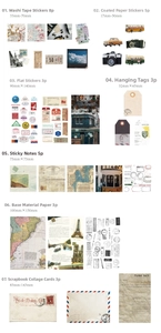 Collezione di carta, adesivi e cartellini per scrapbooking vintage con motivi retrò